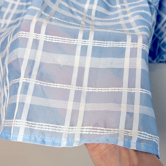 FUTURE COLLECTIVE Plaid Gingham SemiSheer Wrap Top Puff Sleeve L Waist Ties Blue - Picture 11 of 17